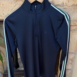Tory Sport Navy Long Sleeve Quarter-Zip Top with Striped Sleeves